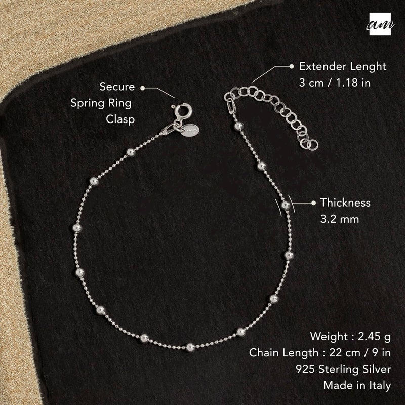 Amberta Italian Sterling Silver Anklet for Women 925 | Adjustable Ankle Bracelets for Women Beaded Heart Summer Jewelry: Beaded - Image 5